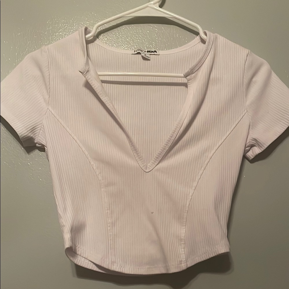 Fashion Nova White Ribbed V-Neck Top